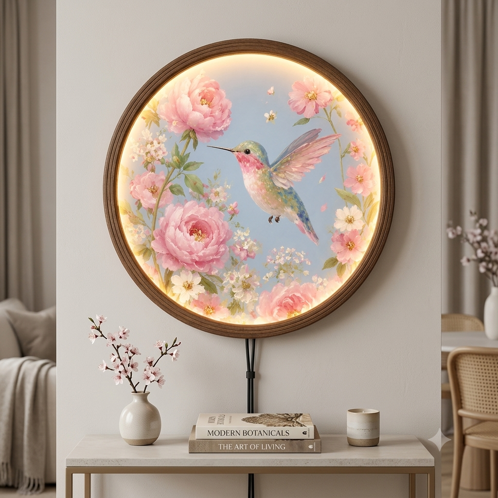 Floral Hummingbird LED Wall Art – Round Lighted Botanical Home Decor