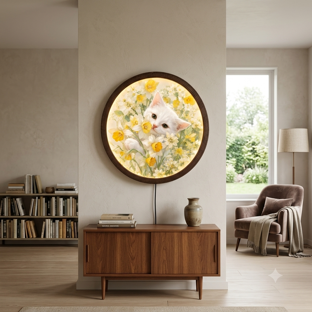 Floral Cat LED Wall Art – Round Illuminated Wall Decor, Cozy Home Accent