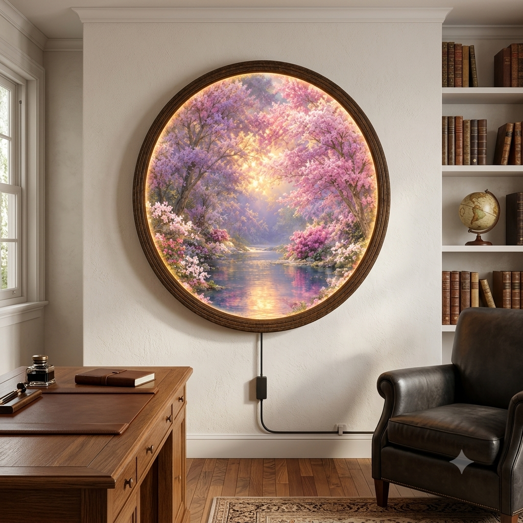 Purple Blossom Garden Round LED Wall Art – Illuminated Floral Wall Decor