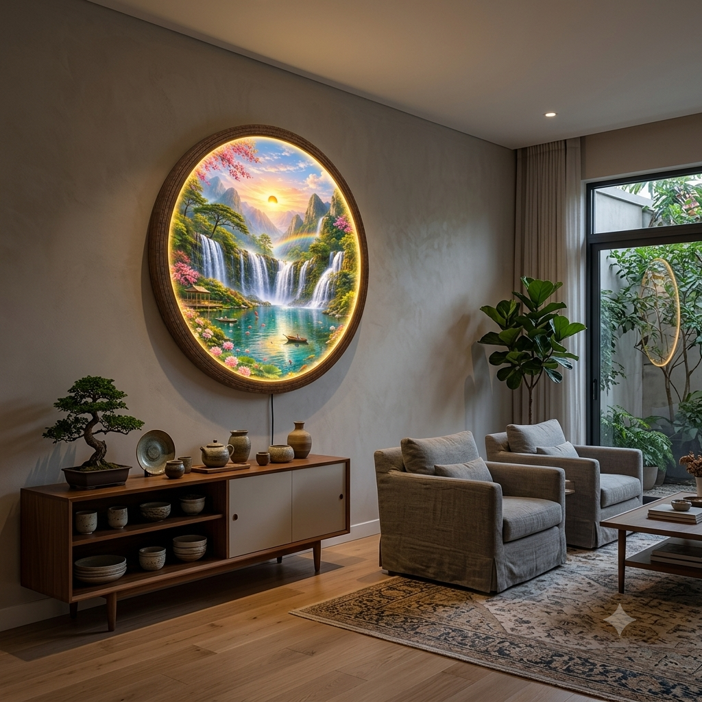 Tranquil Waterfall Landscape LED Wall Art – Round Illuminated Home Decor