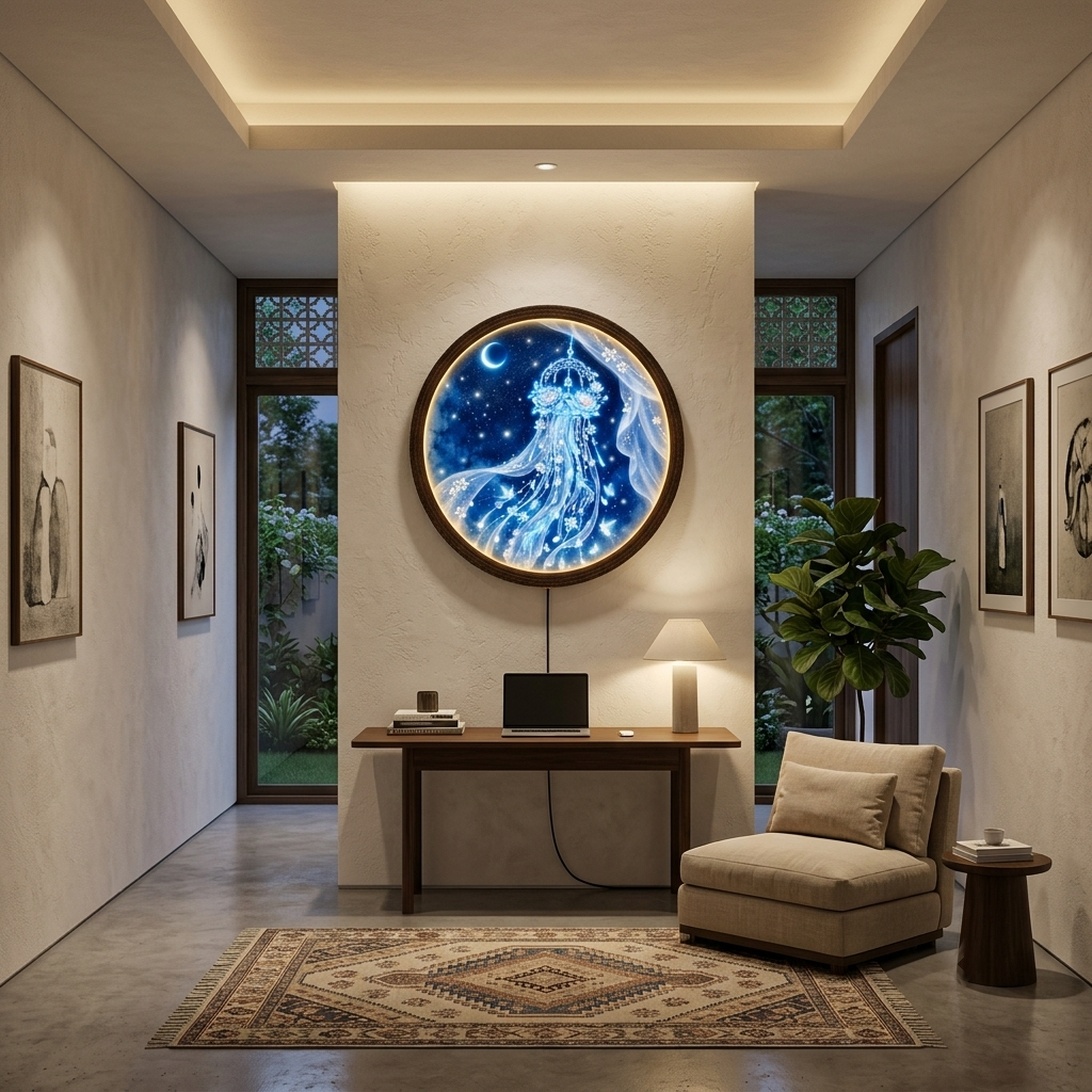 Celestial Dreamcatcher LED Wall Art, Round Illuminated Moon and Floral Wall Decor