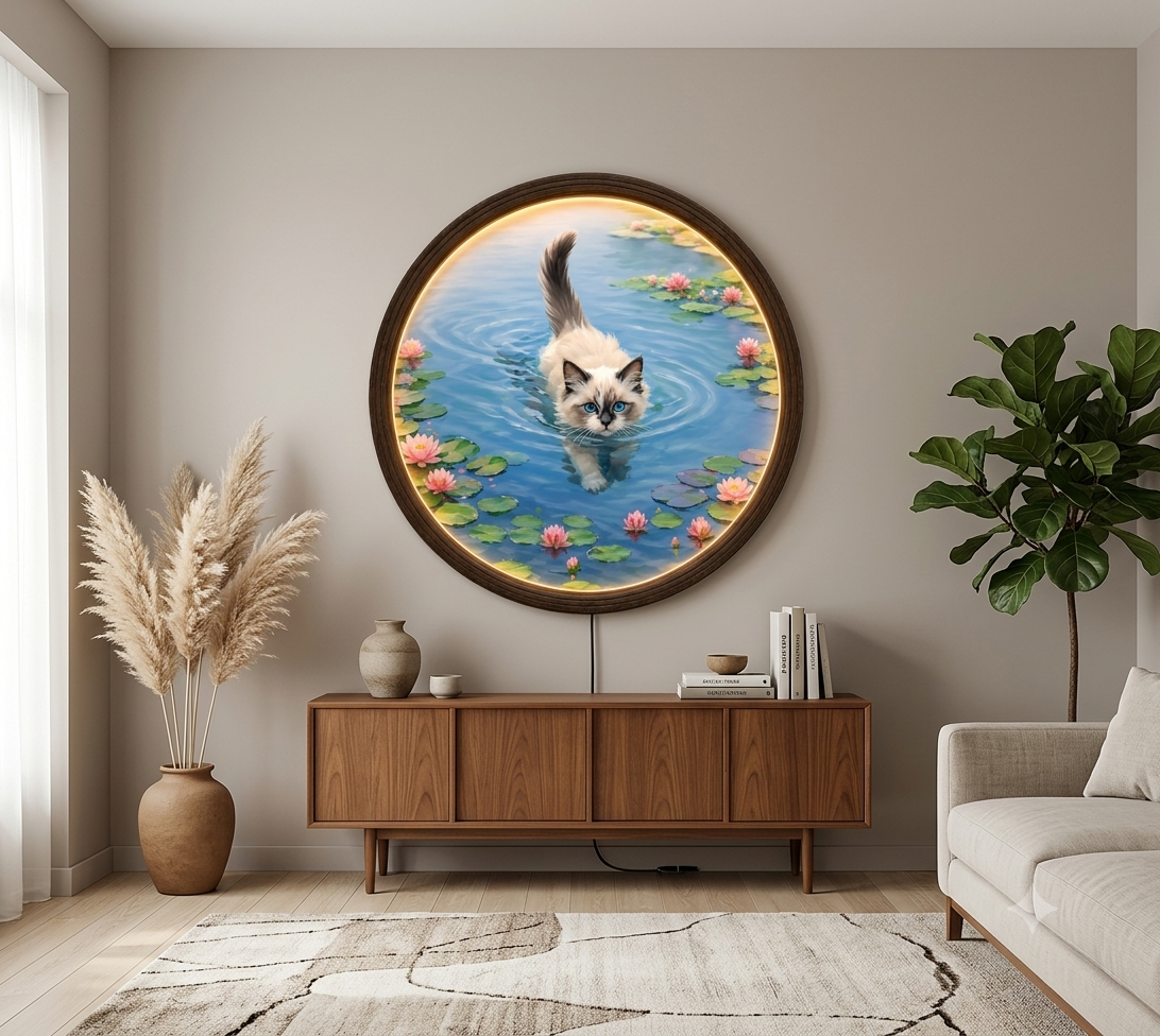 Illuminated Swimming Ragdoll Cat Wall Art - Round LED Lotus Pond Painting Frame