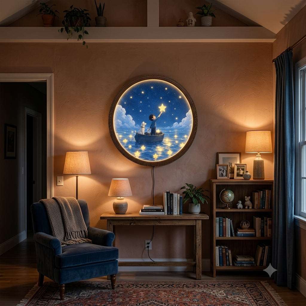 Whimsical Boy & Dog Starry Night LED Wall Art – Round Illuminated Home Decor