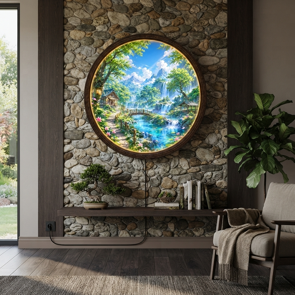 Waterfall Mountain Landscape LED Wall Art – Round Illuminated Nature Wall Decor