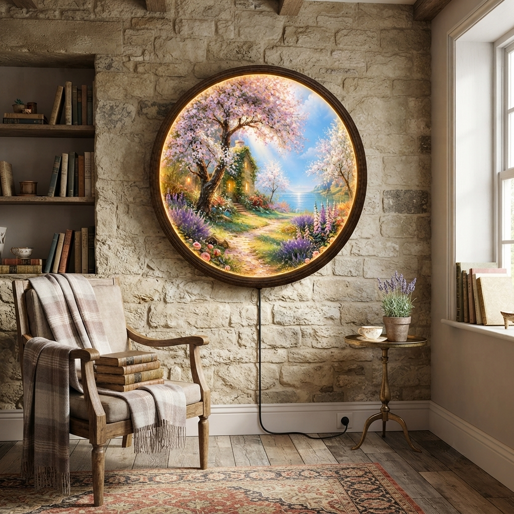 Illuminated Round Blossom Garden Wall Art – LED Lighted Floral Landscape Decor