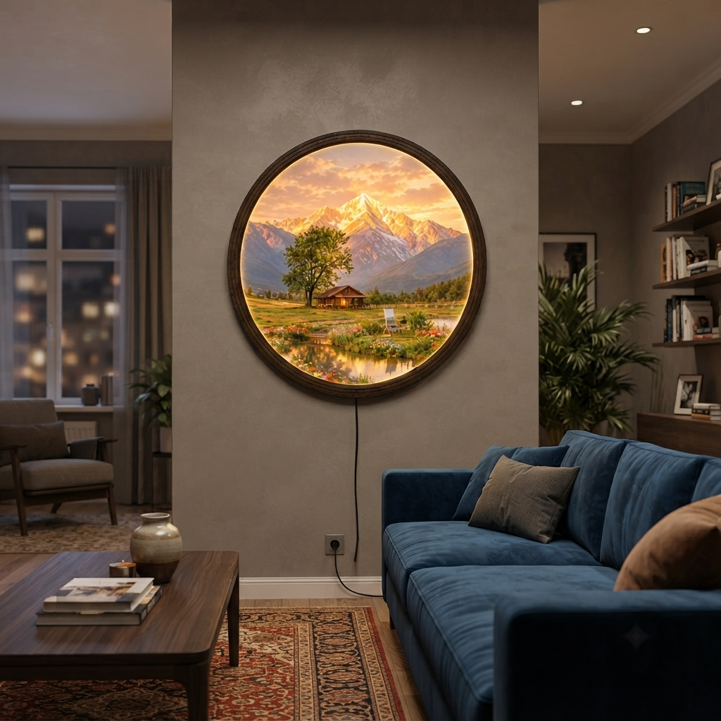 Round Mountain Landscape LED Wall Art – Illuminated Scenic Home Decor