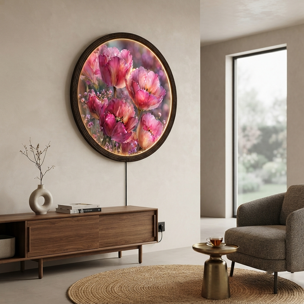 Round LED Floral Wall Art, Pink Tulip Illuminated Wall Decor