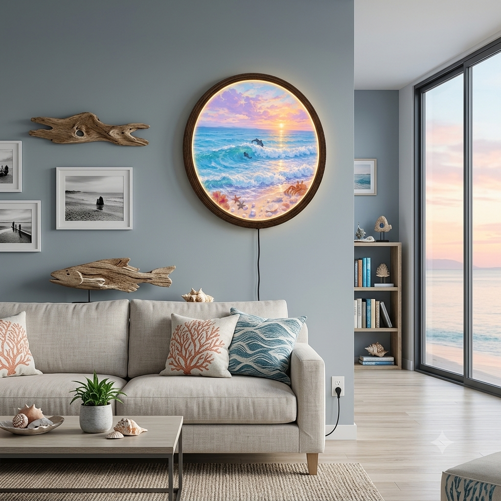 Coastal Sunset LED Wall Art – Round Ocean Wall Decor with Dolphins & Sea Life