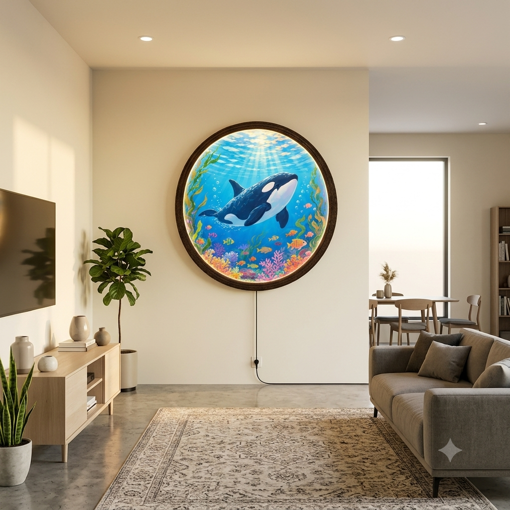 Orca Ocean LED Wall Art – Round Illuminated Coastal Wall Decor