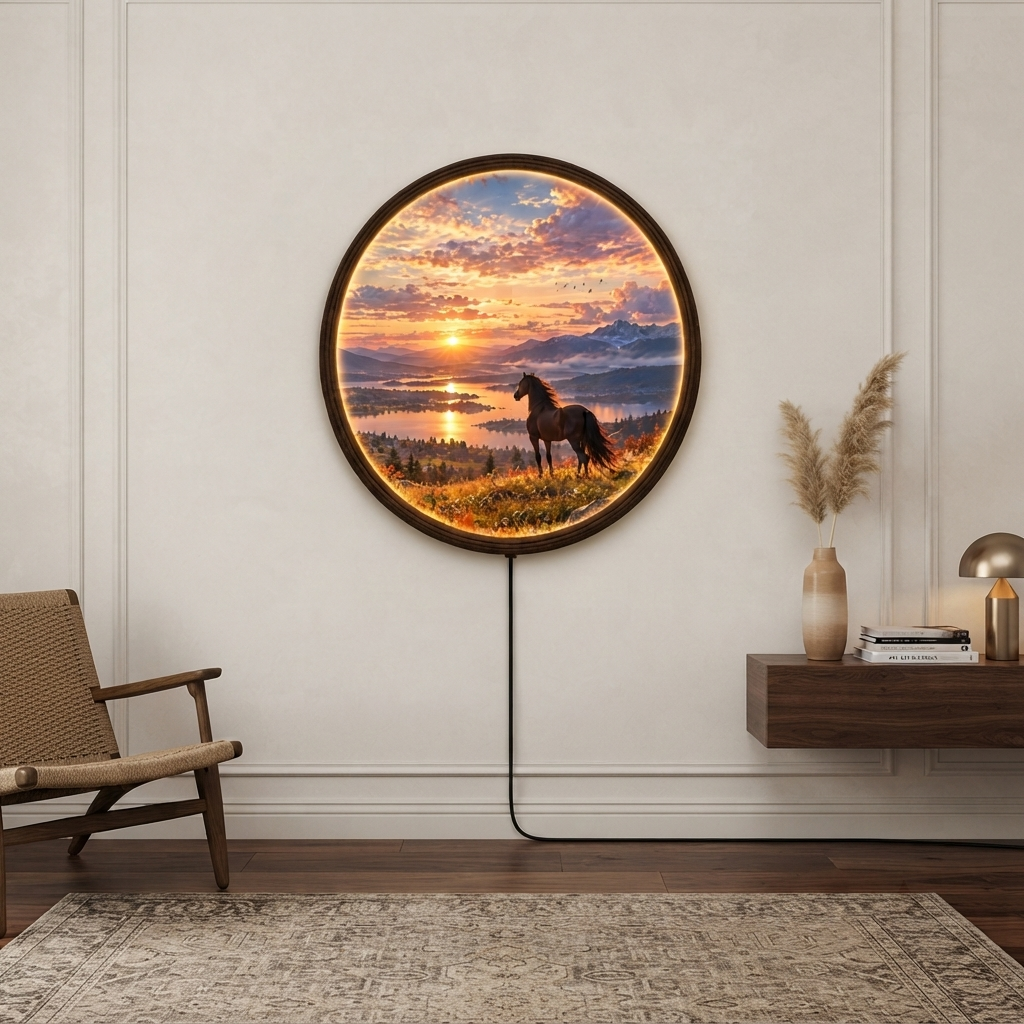 Illuminated Horse Sunset Landscape Round Wall Art – LED Lighted Rustic Home Decor