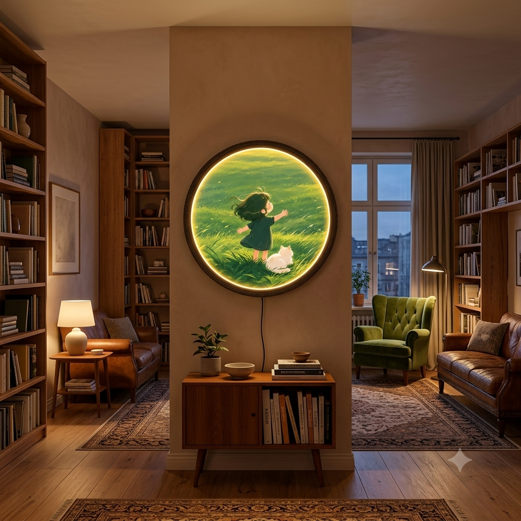 Whimsical Girl & Cat LED Wall Art – Round Illuminated Wall Decor