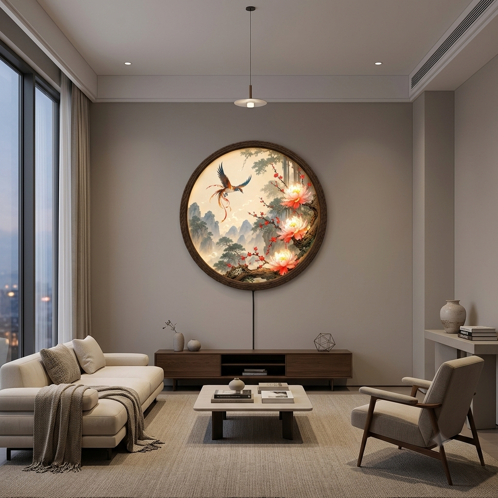 Illuminated Phoenix & Peony Round Wall Art – Oriental Landscape LED Light Box Wall Decor