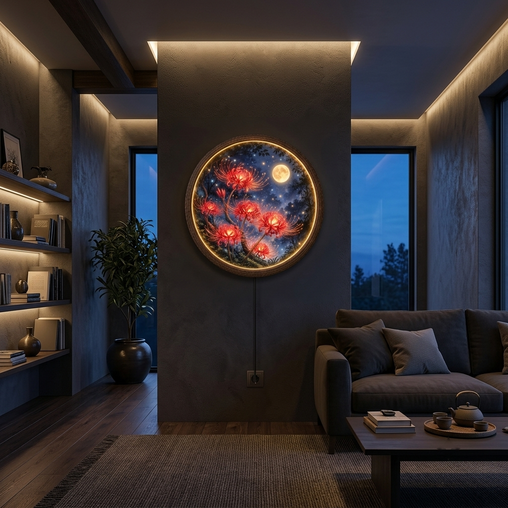 Round LED Wall Art with Red Spider Lilies and Moon – Japanese-Inspired Illuminated Wall Decor