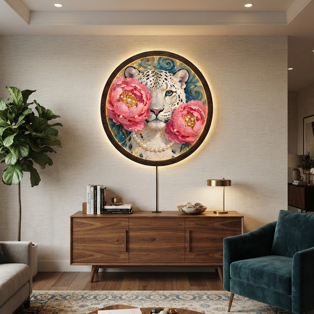 Illuminated Snow Leopard Floral Wall Art – Round LED Wall Decor