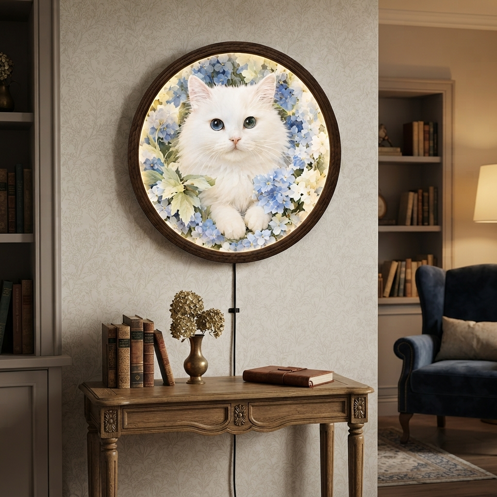 White Cat LED Round Wall Art – Blue Floral Illuminated Home Decor