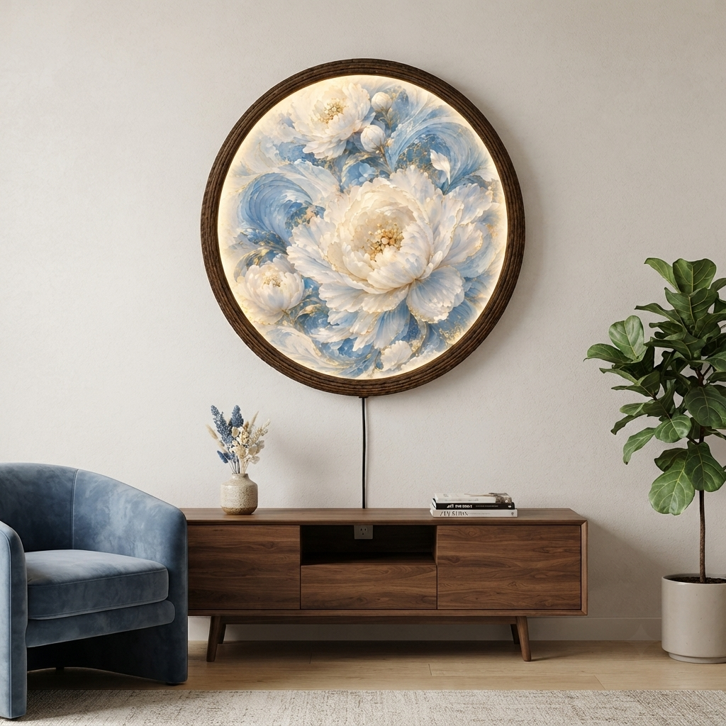 Illuminated Floral Wall Art – Blue & White Peony LED Round Wall Decor