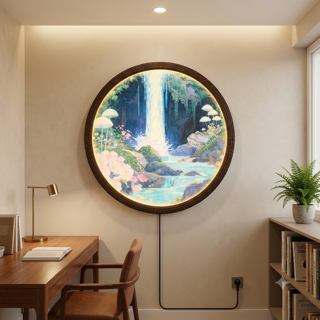 Illuminated Waterfall Wall Art – Round LED Nature Wall Decor