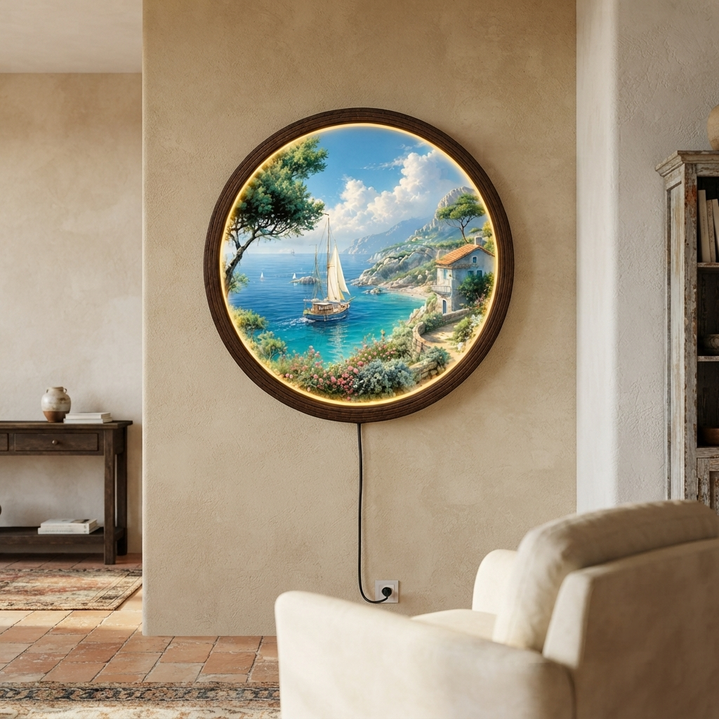 Coastal Seaside Sailboat LED Wall Art – Round Illuminated Wooden Wall Decor