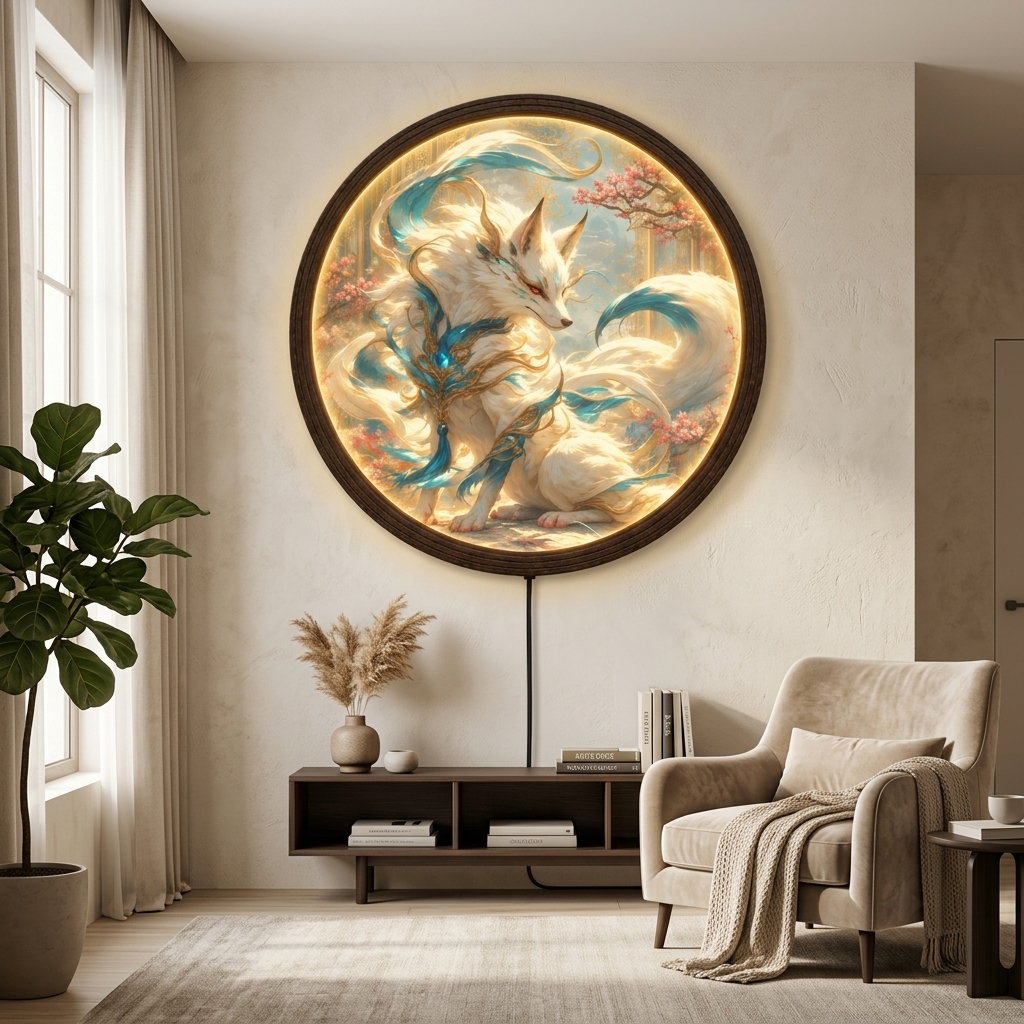 Mythical White Fox LED Wall Art – Illuminated Round Acrylic Light Painting Wall Decor