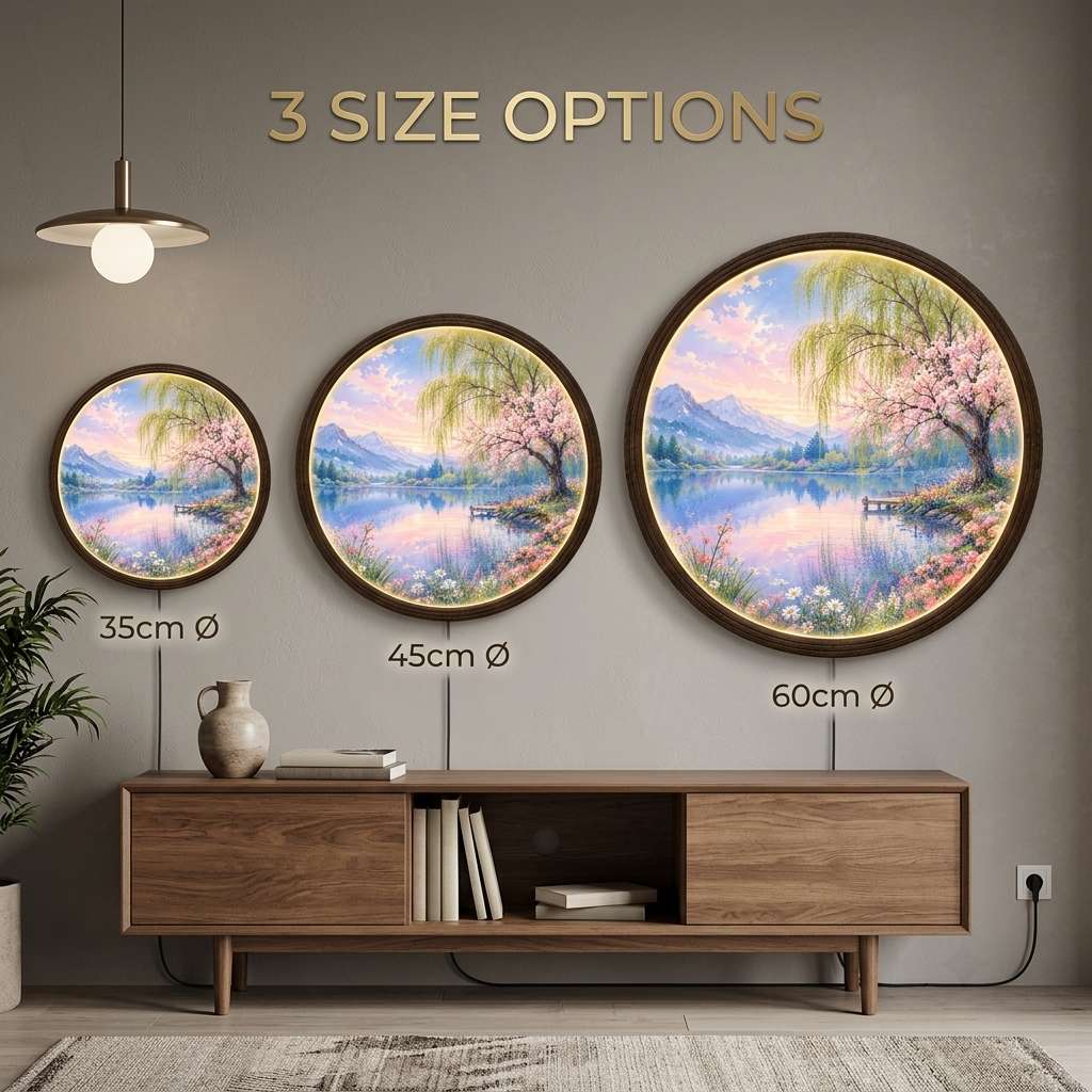 Round Cherry Blossom Lake LED Wall Art – Japanese Landscape Illuminated Wall Decor