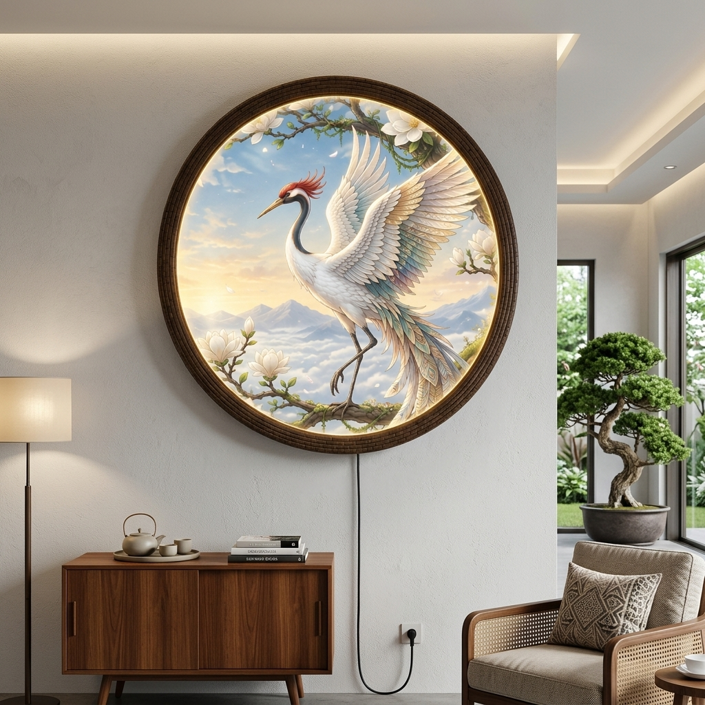 Round LED Crane Wall Art – Japanese-Inspired Floral Illuminated Wall Decor