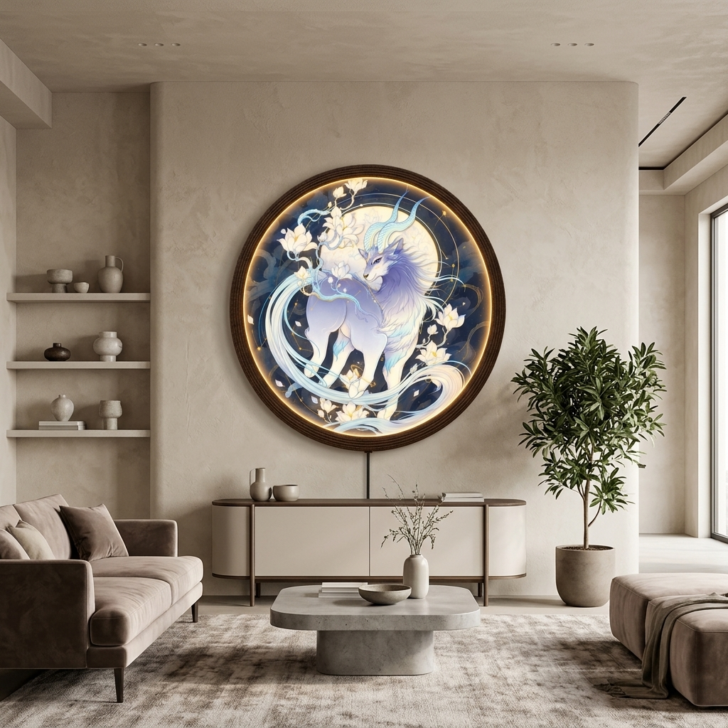 Celestial Qilin LED Light Up Wall Art - Illuminated Round Mythological Creature Decor with Acrylic Face & Wooden Frame