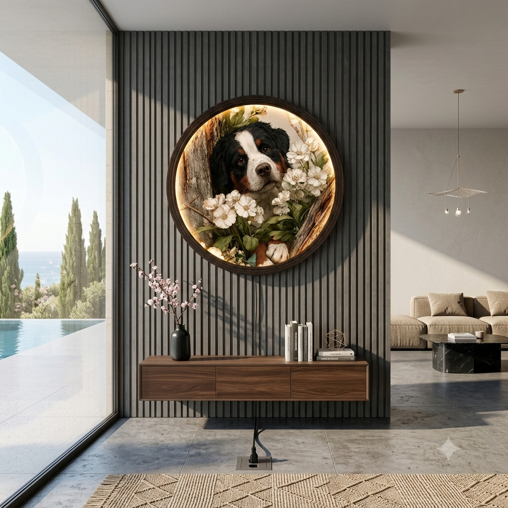 Bernese Mountain Dog LED Wall Art with White Flowers