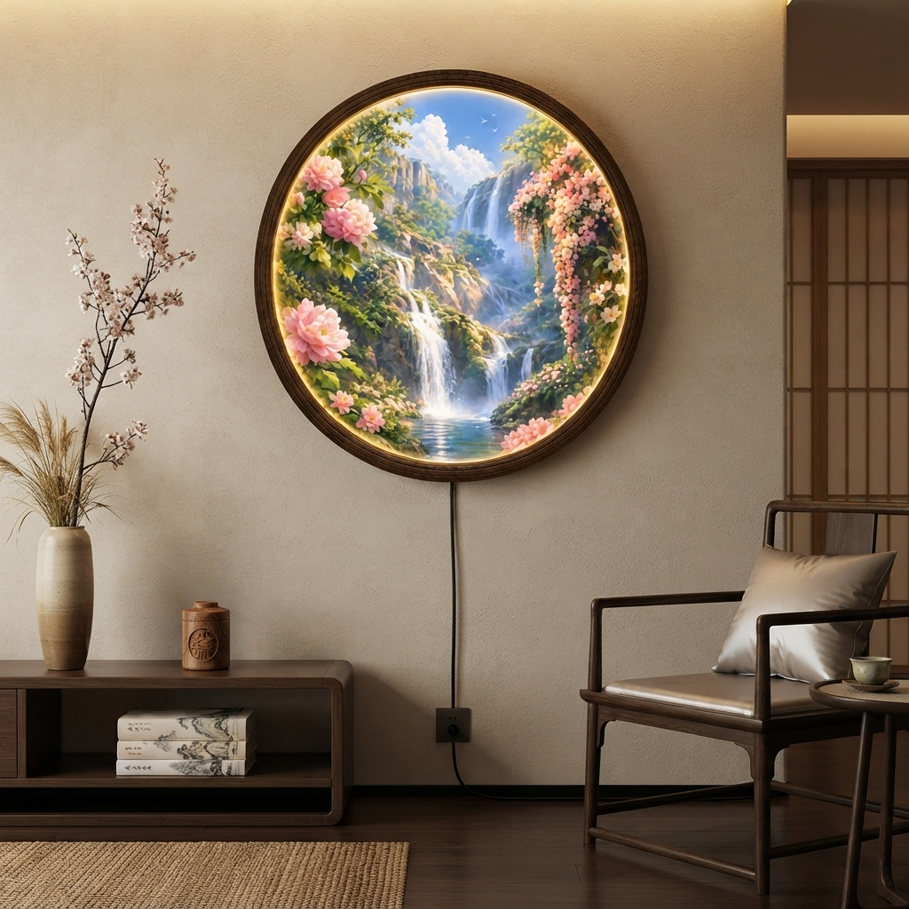 Floral Waterfall LED Wall Art Lamp – Round Illuminated Home Decor