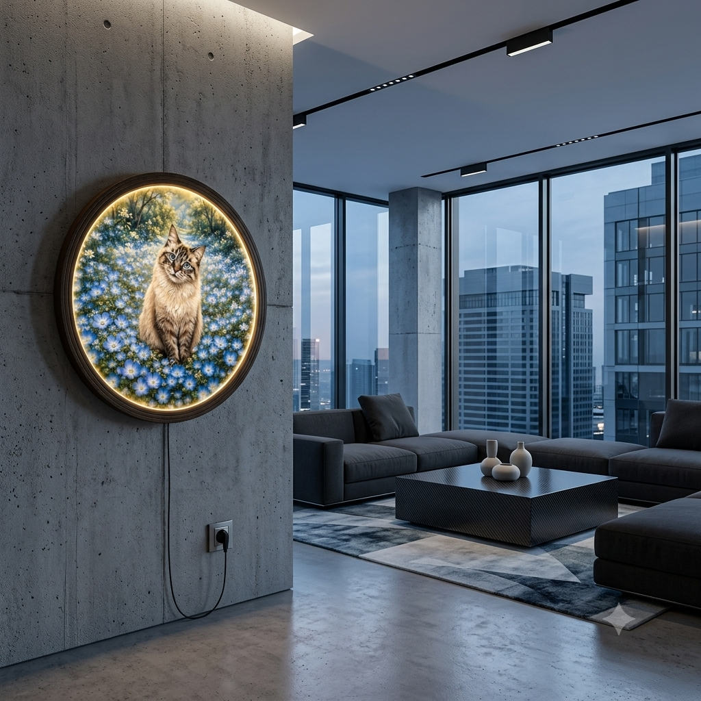 Cozy Cat in Blue Flower Field LED Wall Art Light - Round Wooden Framed Night Light Sign for Home & Bedroom Decor