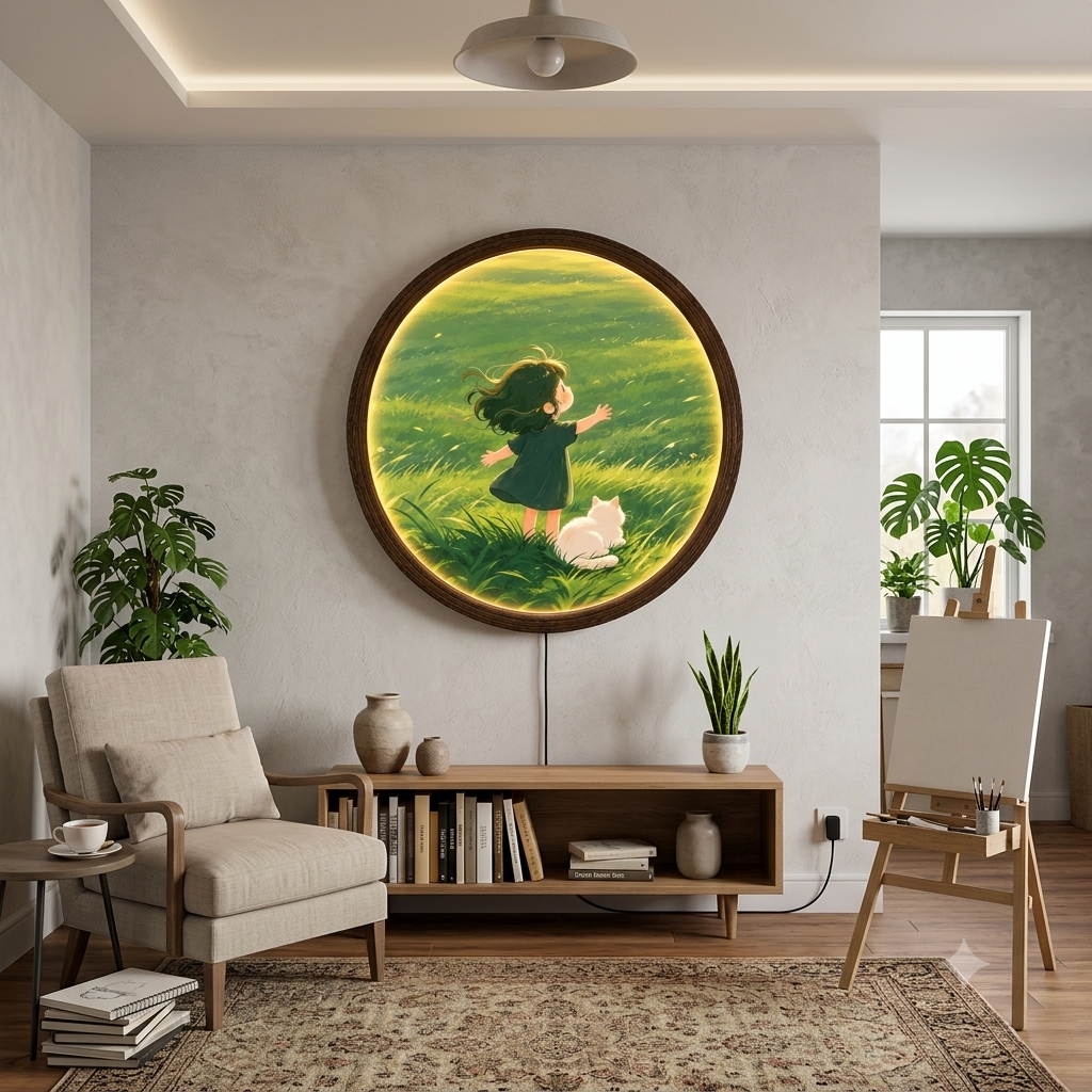 Whimsical Girl & Cat LED Wall Art – Round Illuminated Wall Decor
