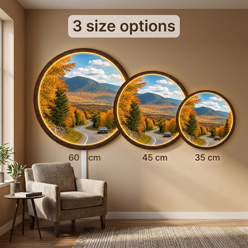 Illuminated Mountain Landscape Wall Art – LED Round Wall Decor