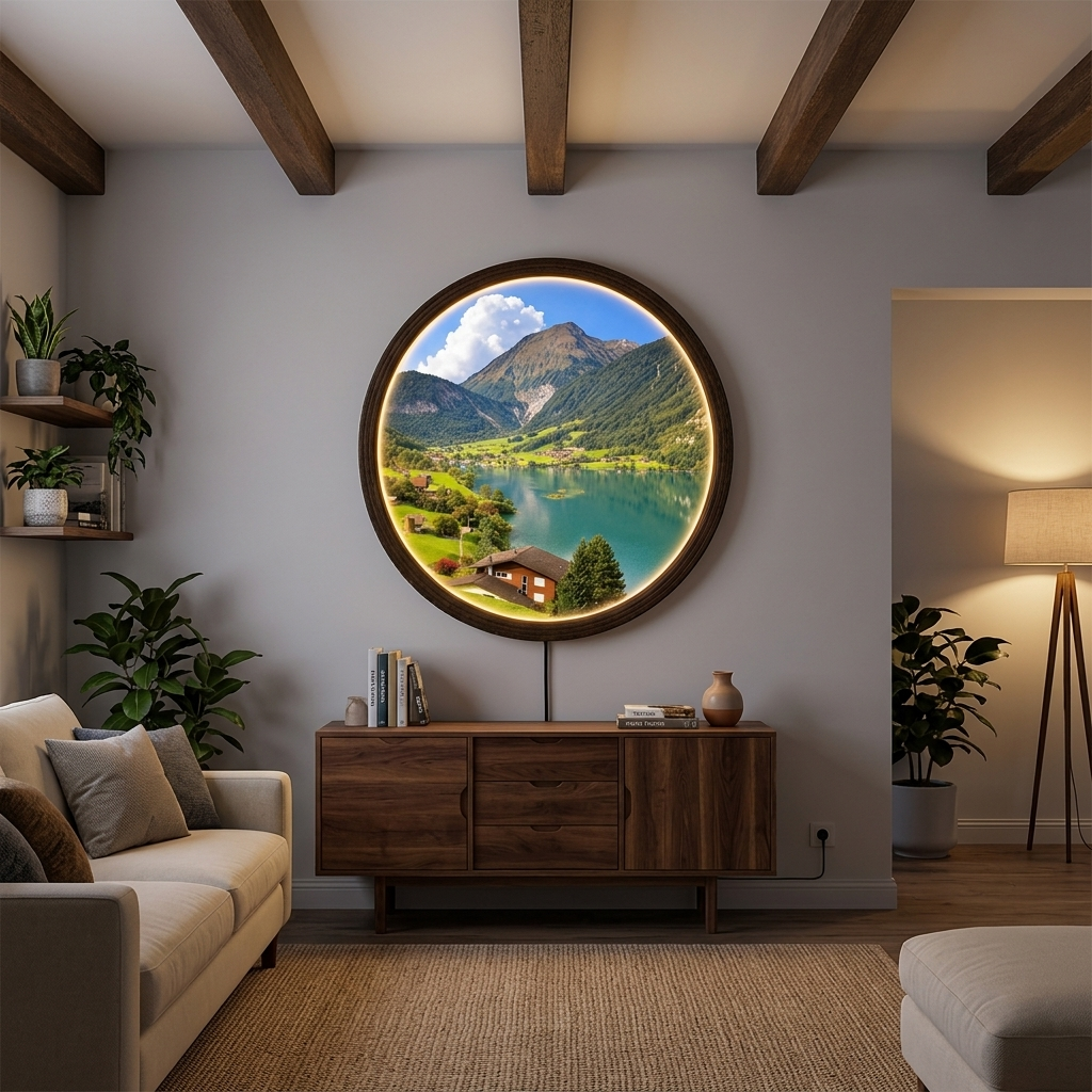 Round Mountain Lake LED Wall Art – Illuminated Landscape Wall Decor