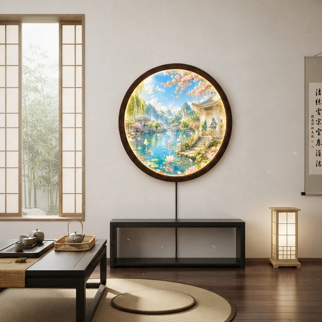 Japanese Garden LED Wall Art – Round Illuminated Landscape Wall Decor