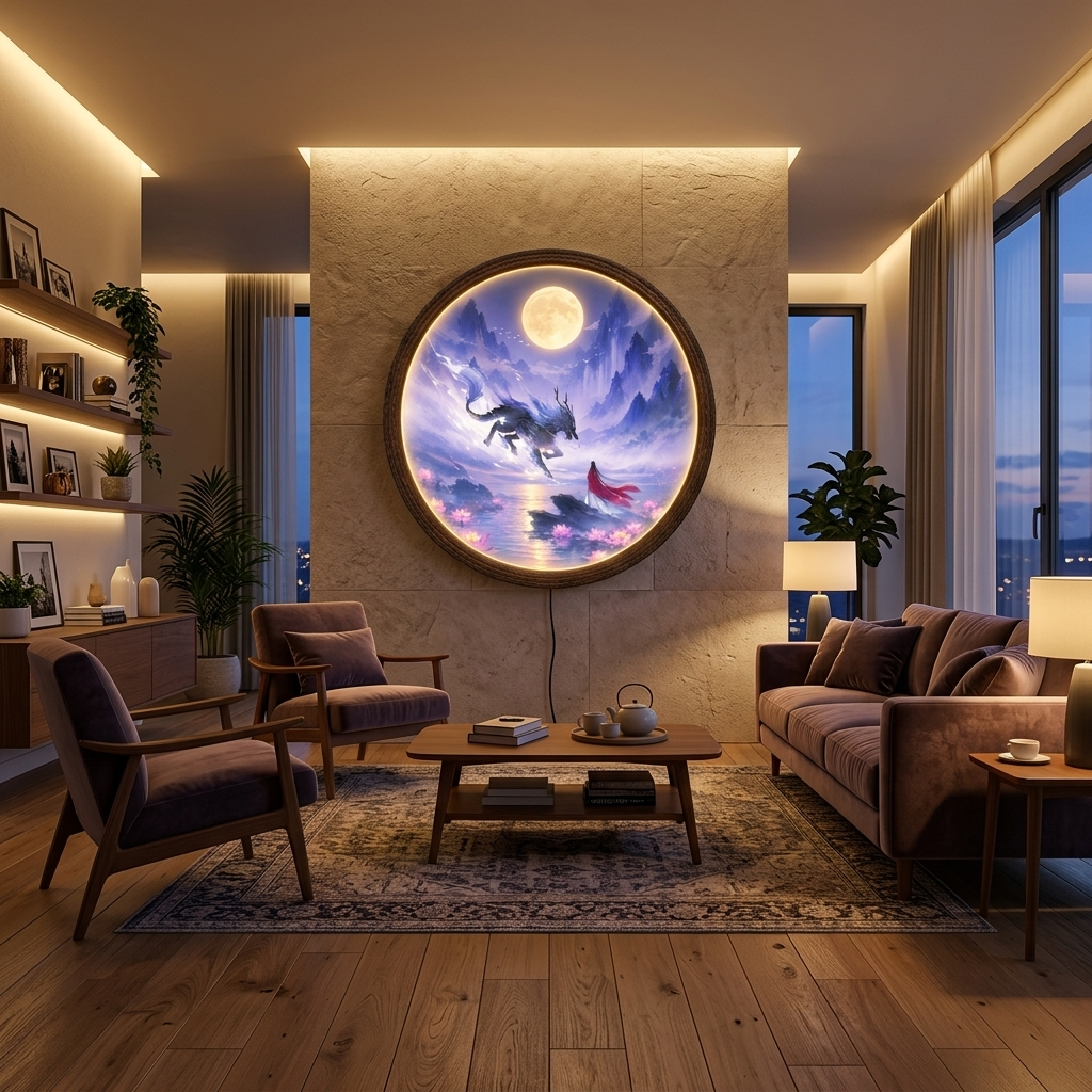 Mythical Celestial Dragon LED Wall Art - Illuminated Round Frame Light Box with Acrylic Front & Wooden Back