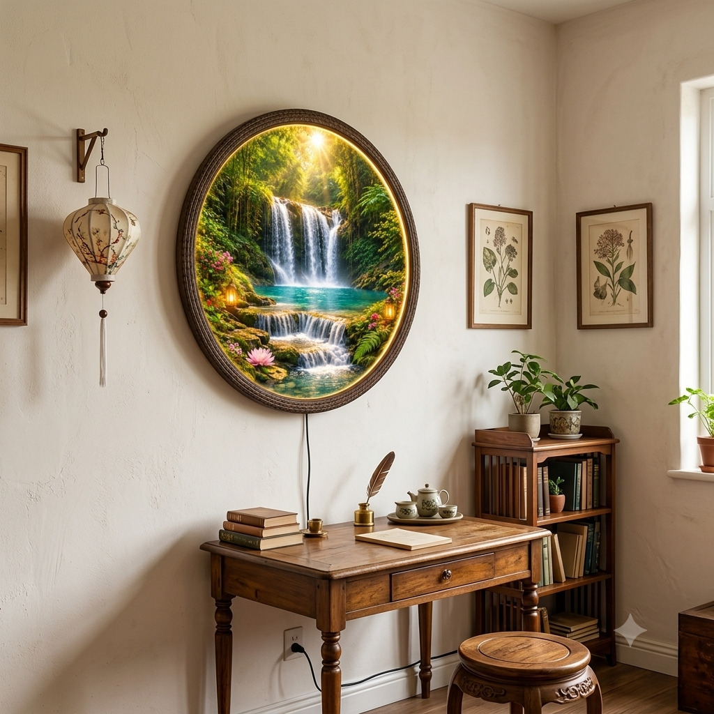 Waterfall Forest LED Wall Art – Round Illuminated Nature Wall Decor