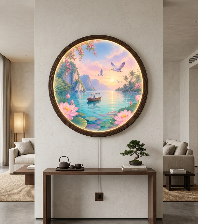 Round Tropical Lotus Lake LED Wall Art – Illuminated Nature Wall Decor