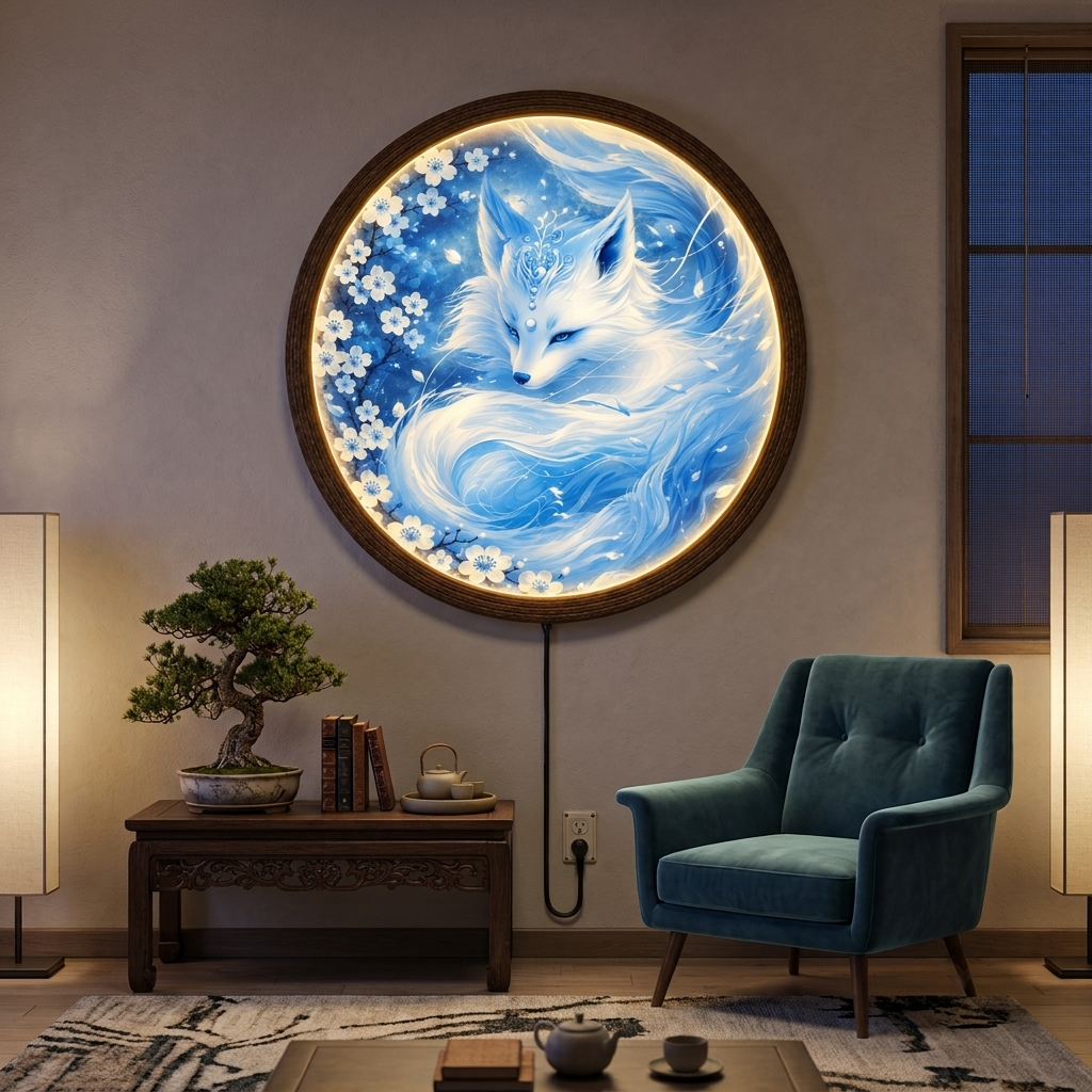 Glowing Blue Fox LED Wall Lamp, Round Japanese Fantasy Wall Art, Illuminated Home Decor with Wooden Frame