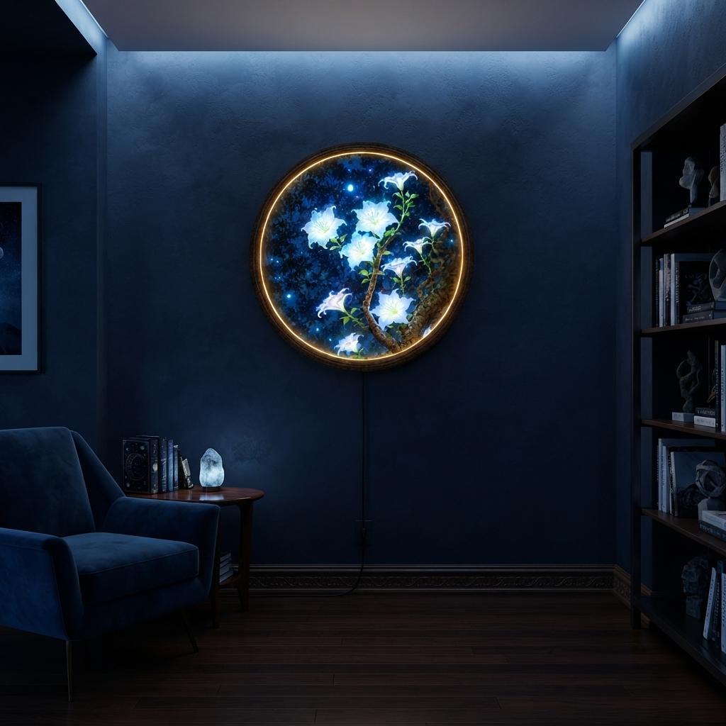 Luminous Moonlit Blossom LED Round Wall Art – Botanical Lighted Wall Decor