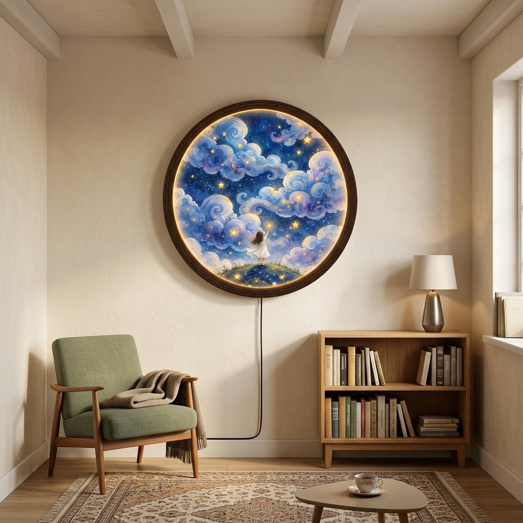 Glowing Starry Sky LED Wall Lamp, Round Celestial Wall Art with Wooden Frame, Dreamy Blue Cloud & Golden Star Home Decor