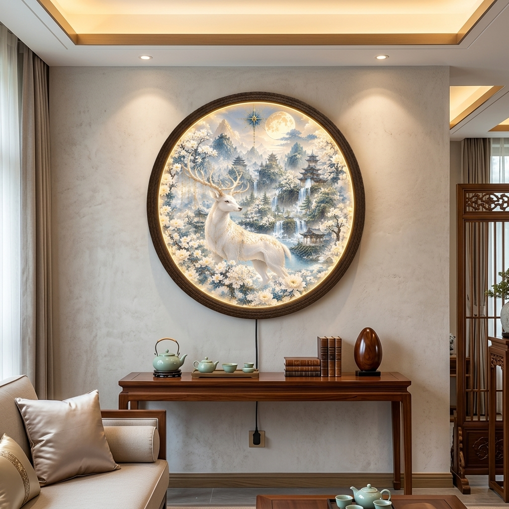 Enchanted White Deer LED Wall Lamp, Round Fantasy Landscape Light, Chinese Pagoda & Moon Home Decor
