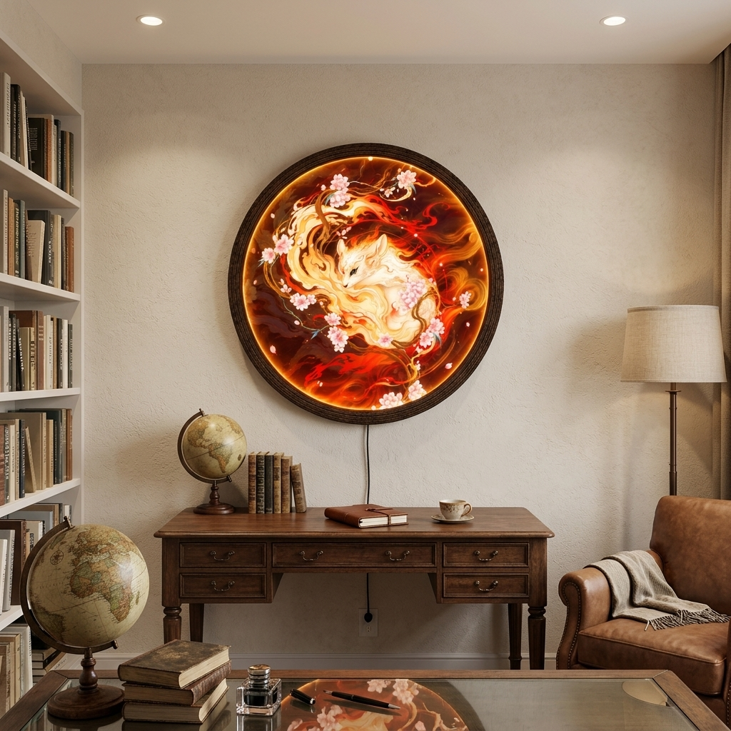 Glowing Nine-Tailed Fox LED Wall Art Light – Japanese Kitsune & Cherry Blossom Illuminated Round Frame