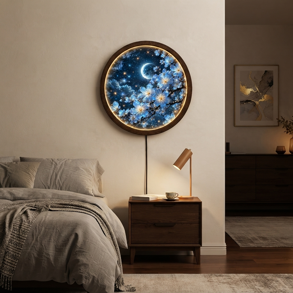 Moonlit Blue Blossom LED Round Wall Art – Illuminated Floral Home Decor