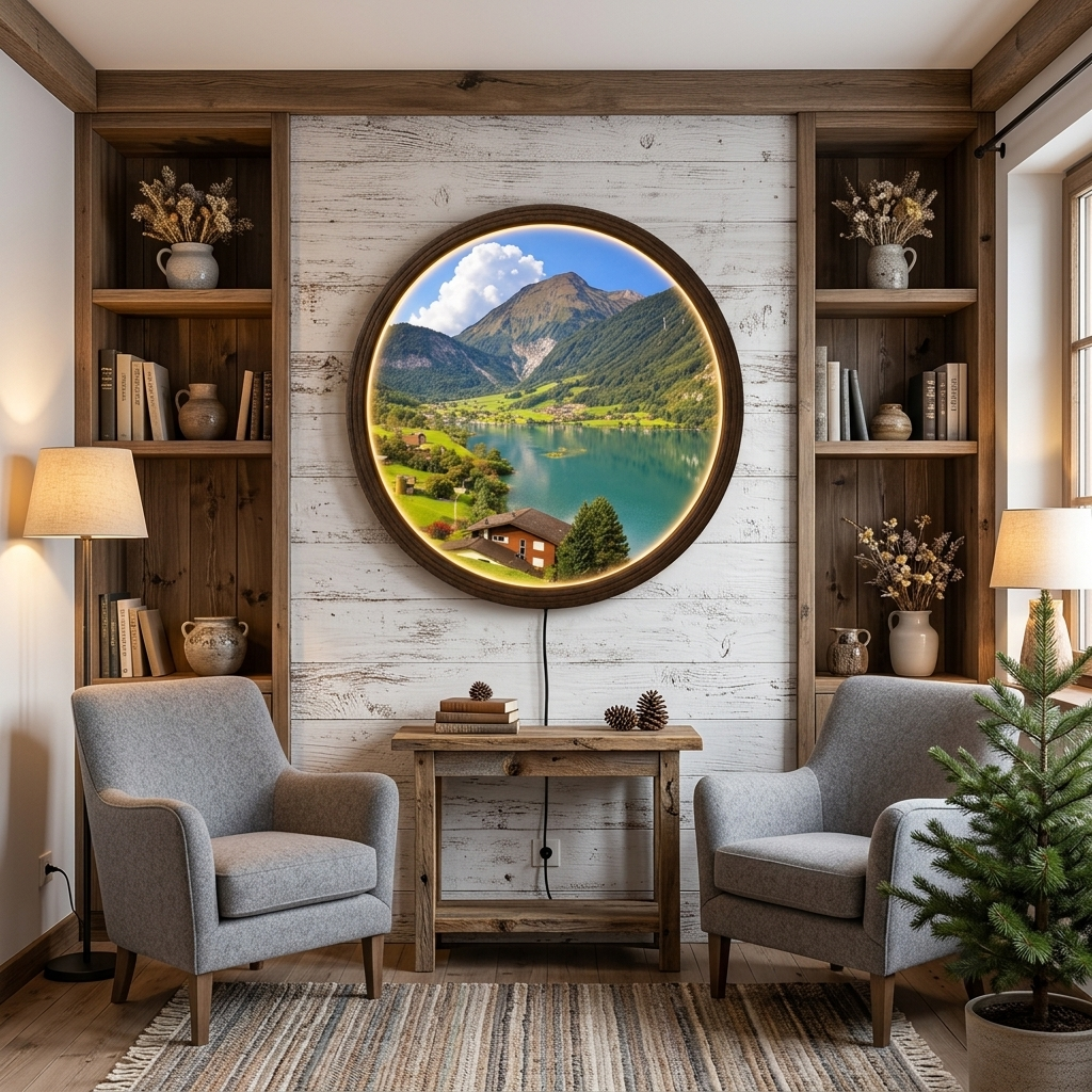Round Mountain Lake LED Wall Art – Illuminated Landscape Wall Decor
