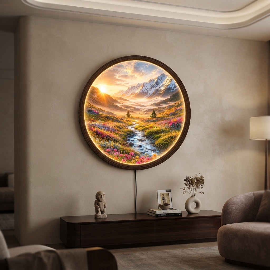 Illuminated Mountain Landscape Round Wall Art – LED Lighted Nature Wall Decor
