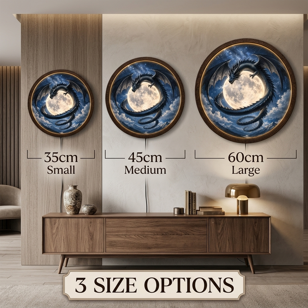 Dragon Moon LED Wall Art – Round Fantasy Dragon Light Decor