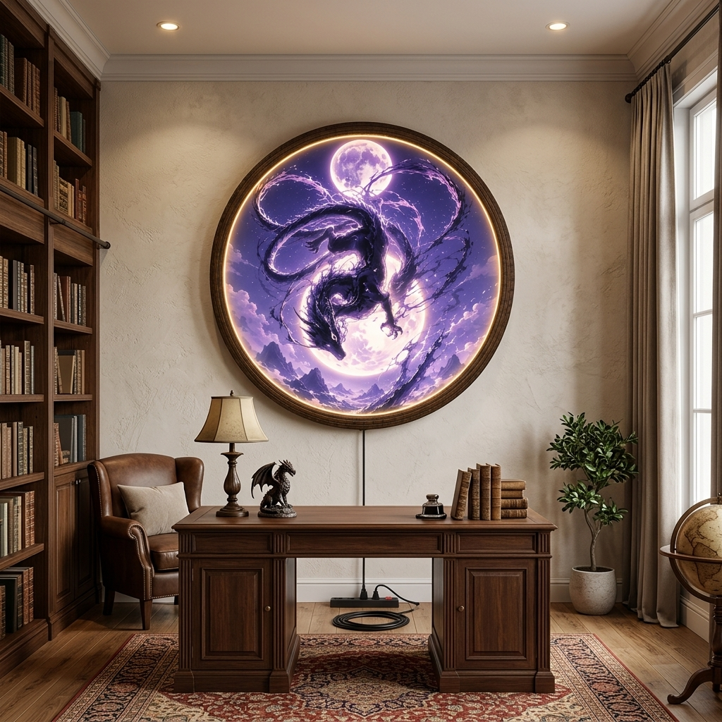 Purple Dragon LED Wall Art – Round Moon Fantasy Light Decor