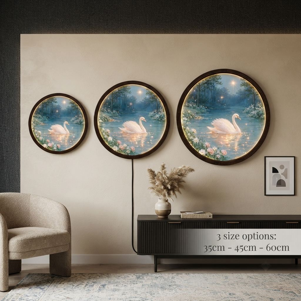 Swan Lake Illuminated Round Wall Art – LED Lighted Wall Decor