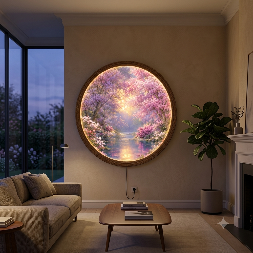 Purple Blossom Garden Round LED Wall Art – Illuminated Floral Wall Decor