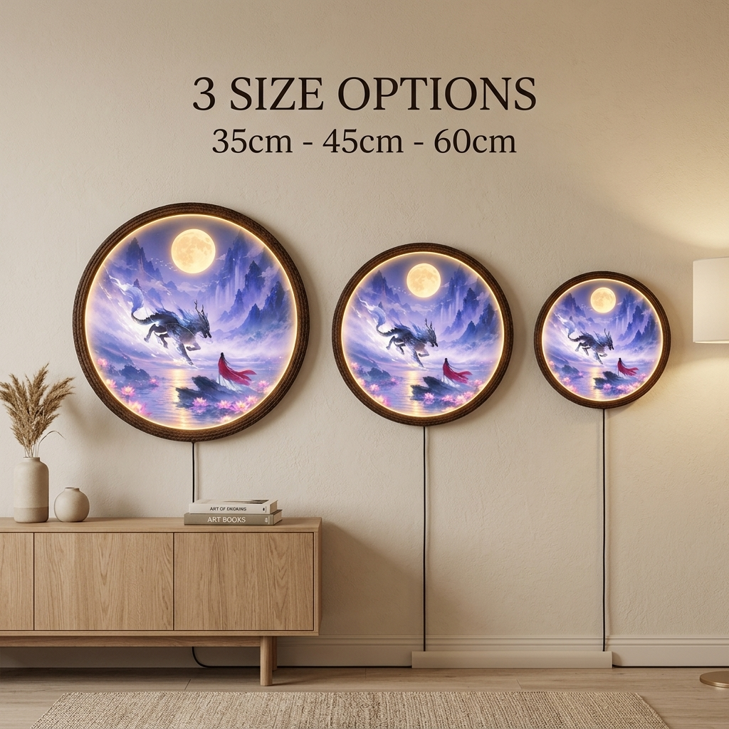Mythical Celestial Dragon LED Wall Art - Illuminated Round Frame Light Box with Acrylic Front & Wooden Back