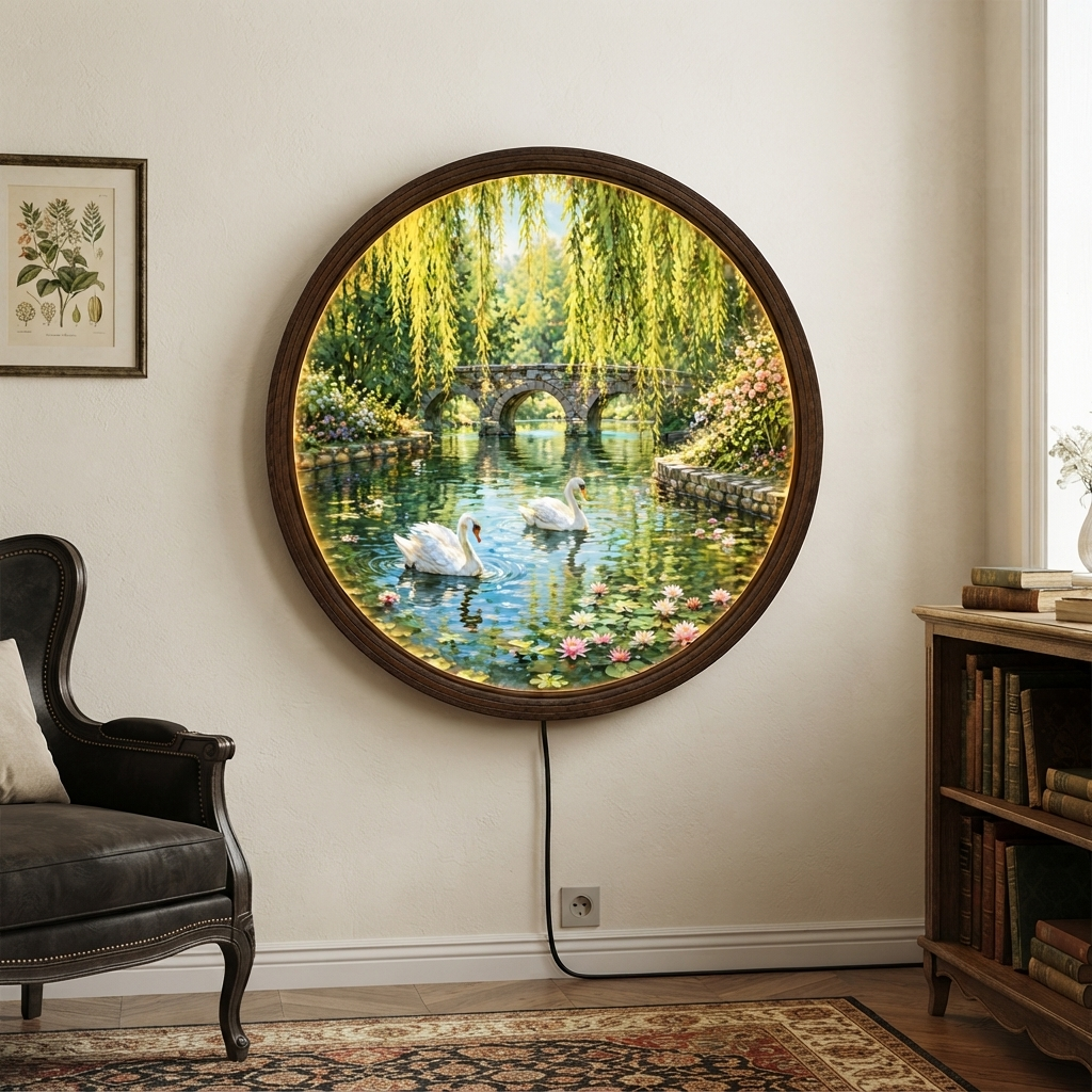Swan Garden LED Wall Art – Round Illuminated Water Scene Wall Decor